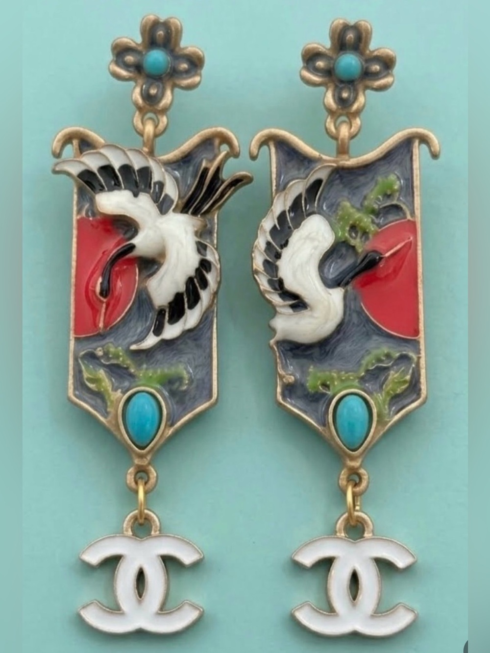 Upcycled White Black Turquoise Enamel Crane Drop Earrings